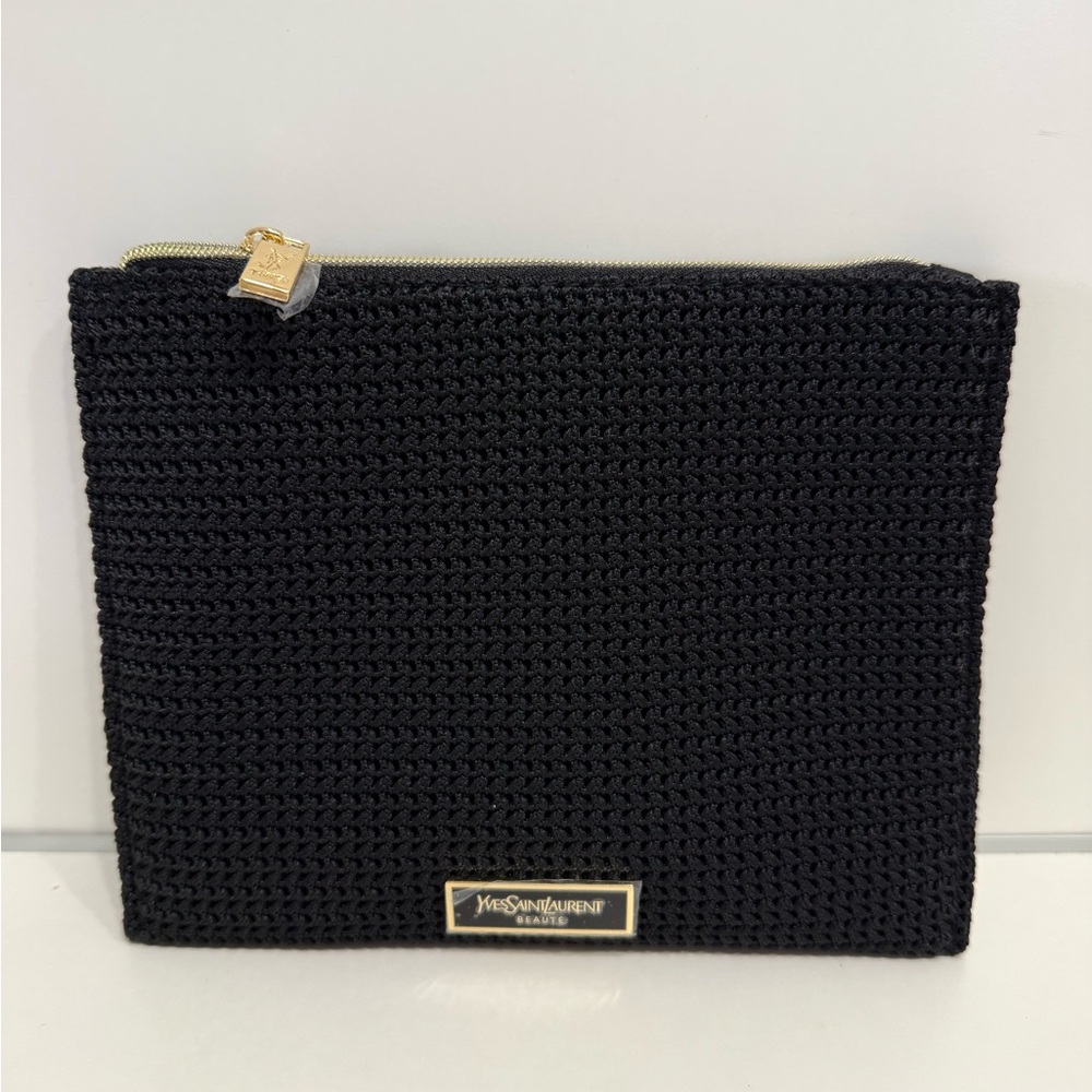Yves Saint Laurent Black Textured Cosmetics Pouch Makeup Bag with Gold Zipper